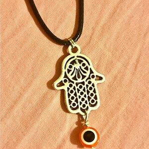 Silver Hamsa Pendant Necklace with Black Cord